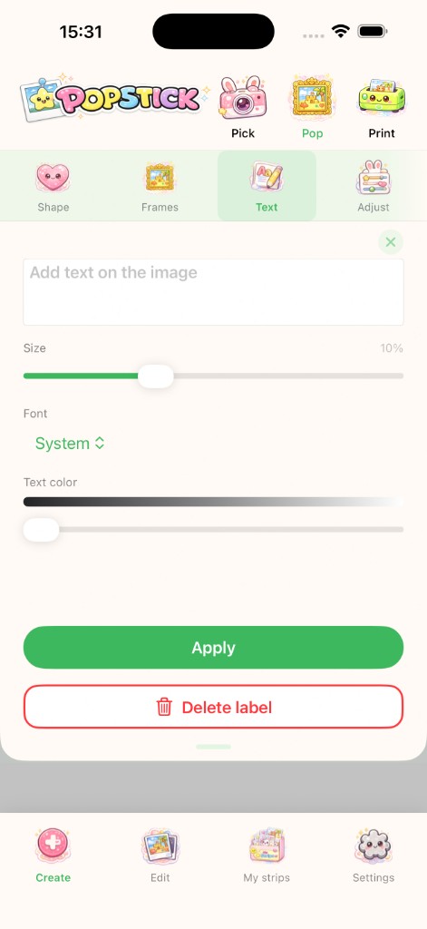 PopStick text tools: add text, size, font, and colour